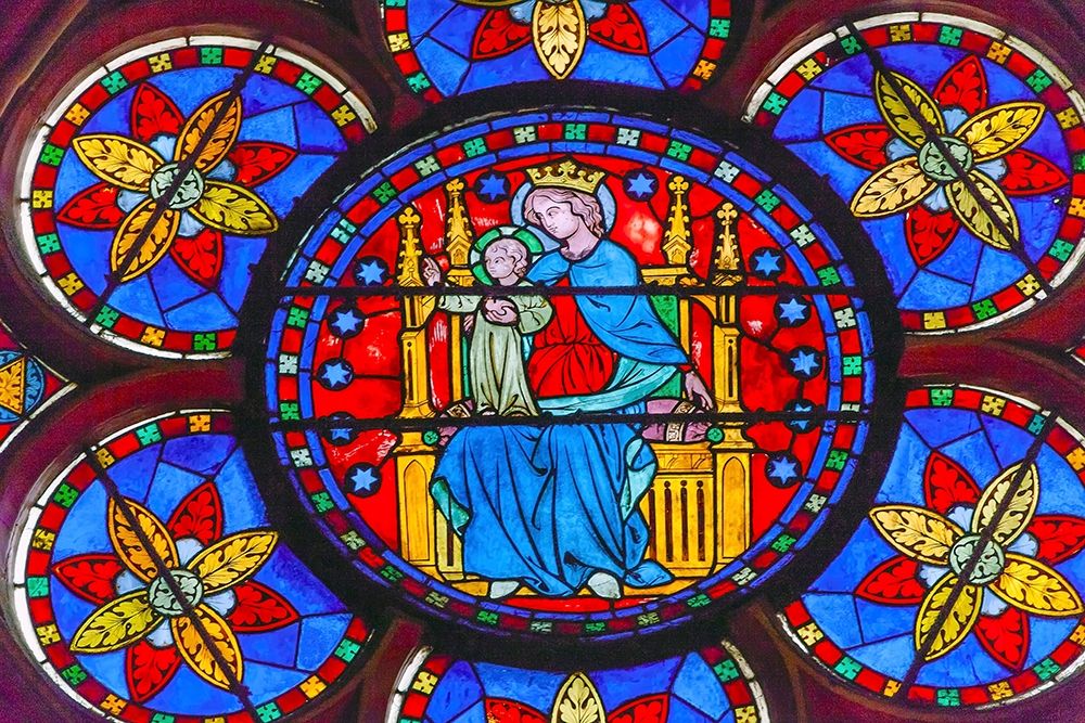 Virgin Mary-Jesus Christ stained glass-Notre Dame Cathedral-Paris-France